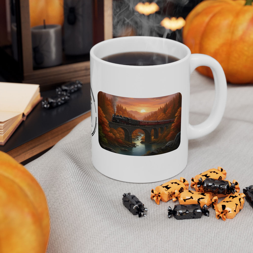 Desert Canyon Sunset Railway White Ceramic Mug — Vintage Steam Train Forest Viaduct Cup (11oz/15oz)