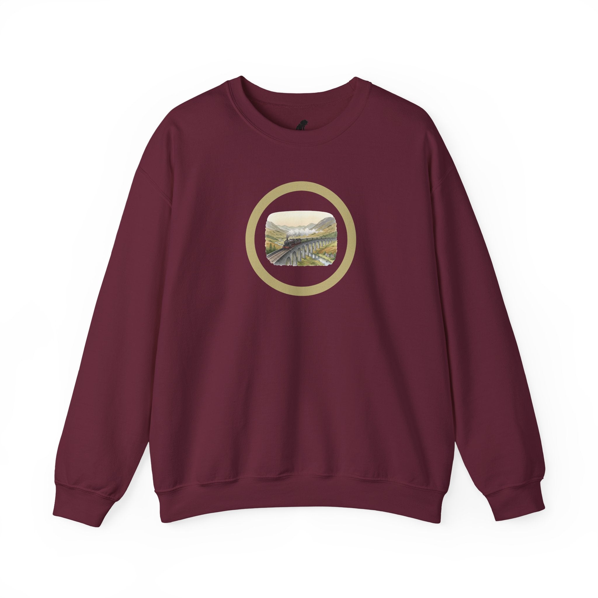 Crewneck Circle Locomotive Sweatshirt — Vintage River Landscape Train