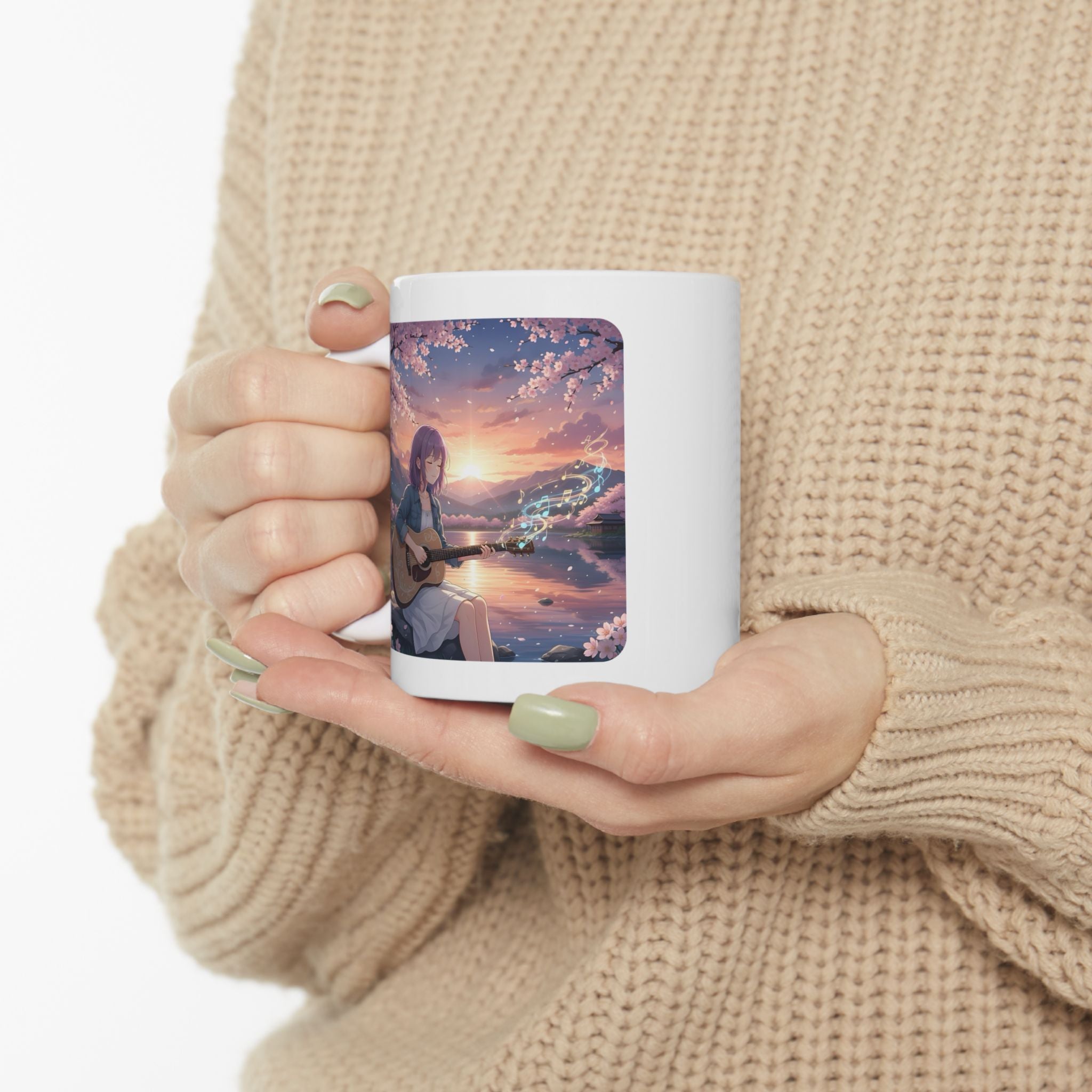Cozy Sakura Guitarist Cherry Blossom White Ceramic Mug — Romantic Sunset Lake Melody Floral Tea Cup (11oz/15oz)