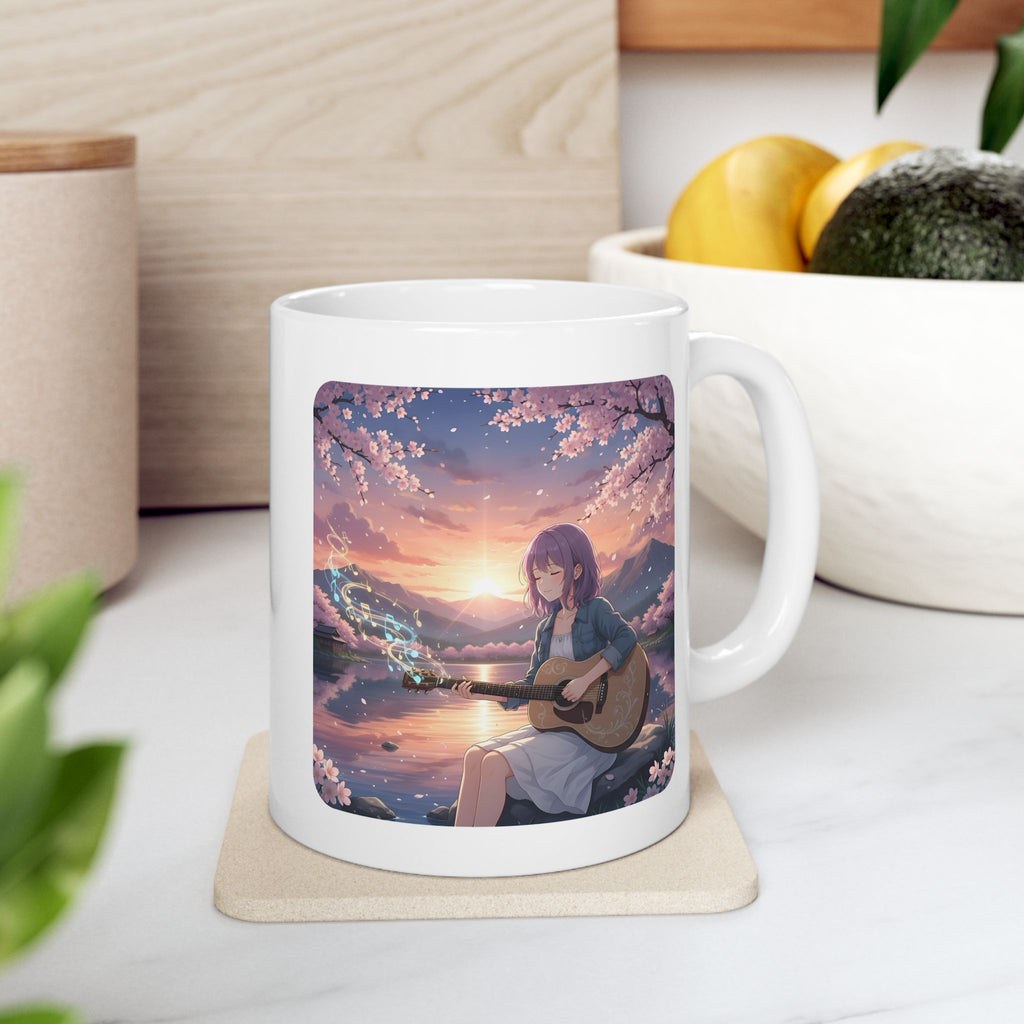 Cozy Sakura Guitarist Cherry Blossom White Ceramic Mug — Romantic Sunset Lake Melody Floral Tea Cup (11oz/15oz)