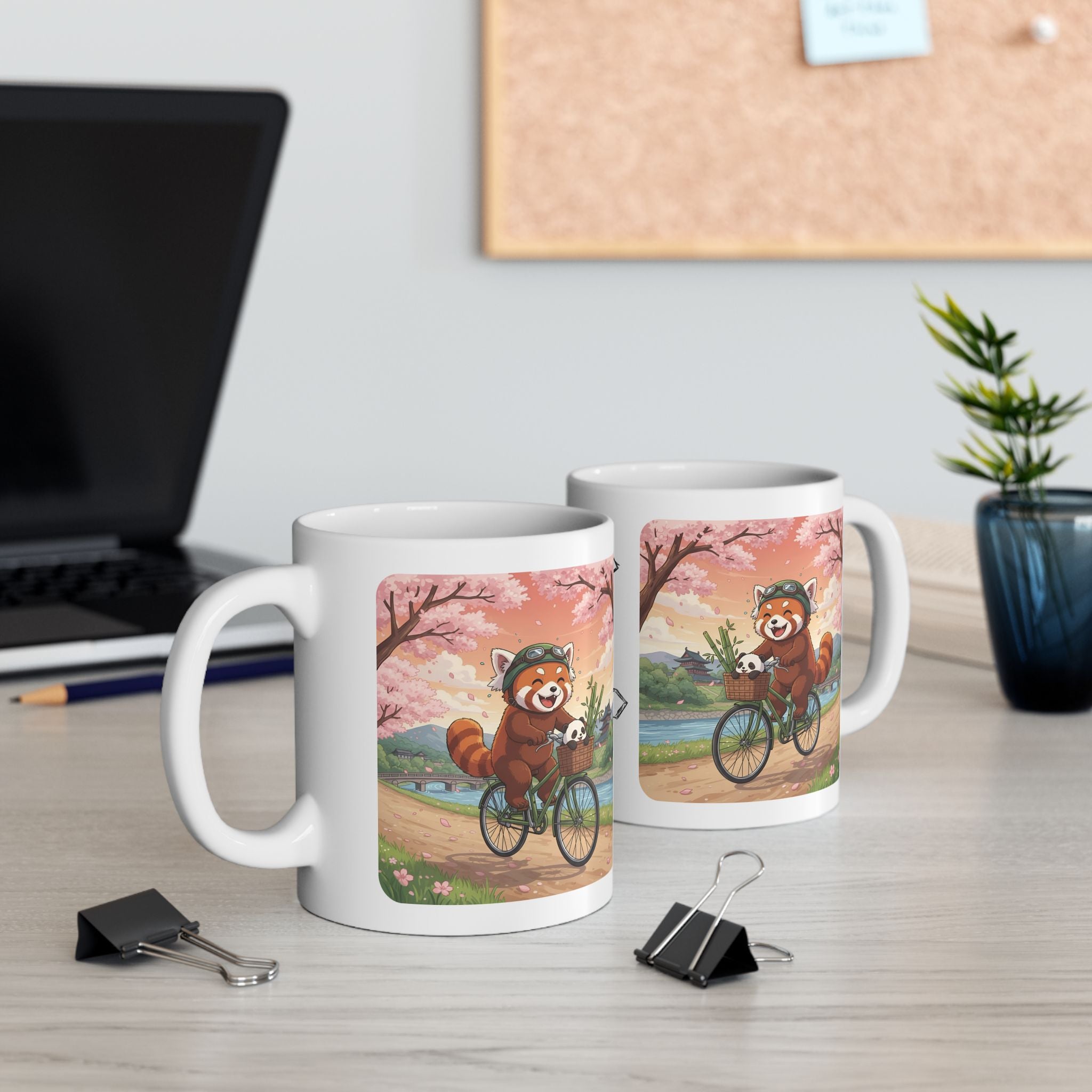 Cozy Red Panda & Baby Panda in Sakura Japan White Ceramic Mug — Happy Panda Family Bicycle Cup, 11oz & 15oz