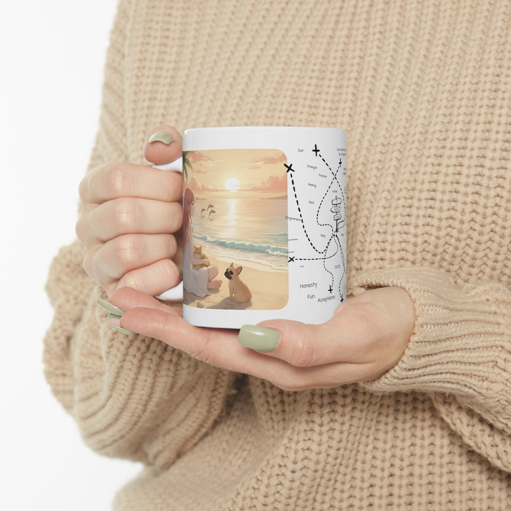 Cute French Bulldog, Pug & Orange Cat Coastal Vibe White Ceramic Mug, Cozy Sunset Seascape Anime Girl Cup (11oz, 15oz)