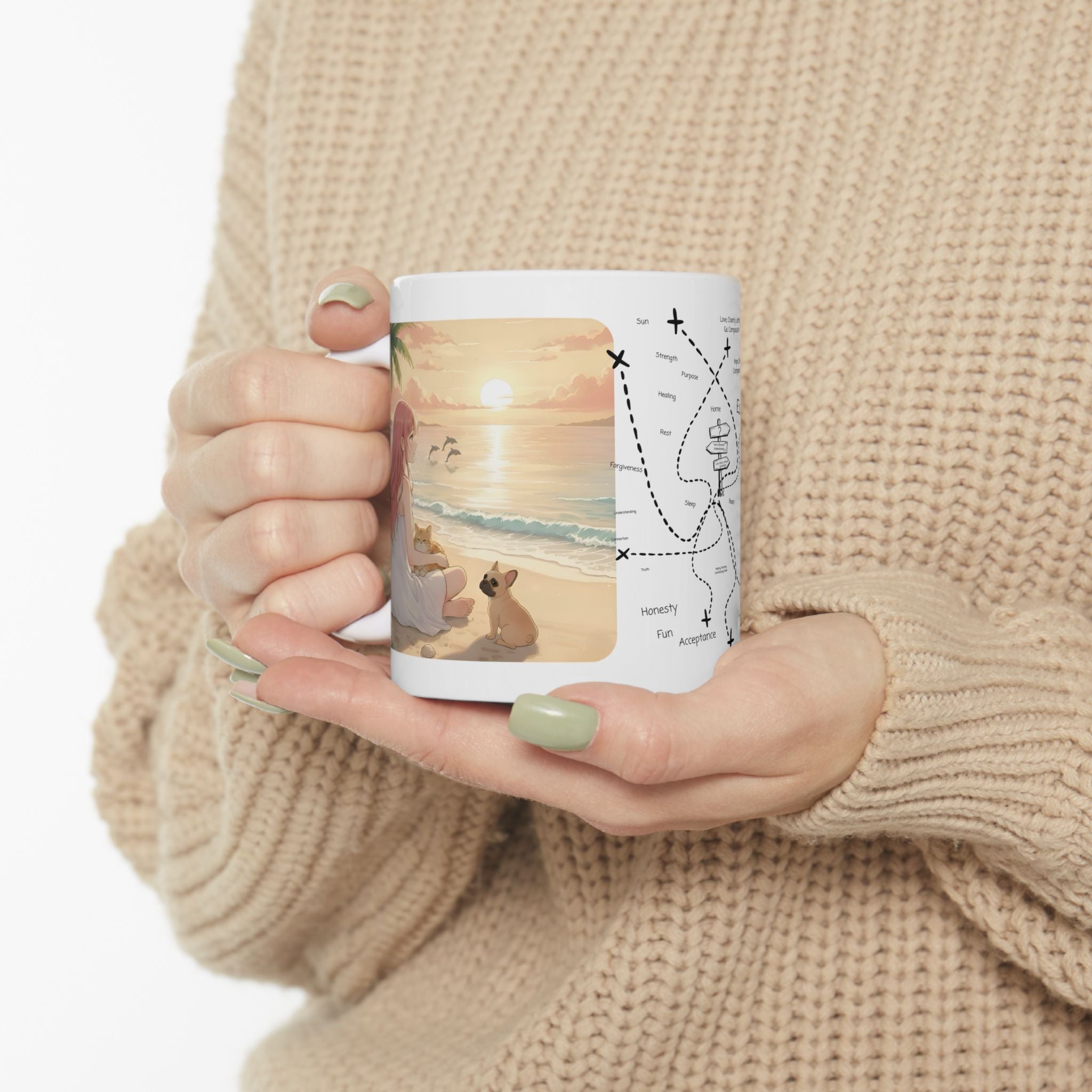Cute French Bulldog, Pug & Orange Cat Coastal Vibe White Ceramic Mug, Cozy Sunset Seascape Anime Girl Cup (11oz, 15oz)