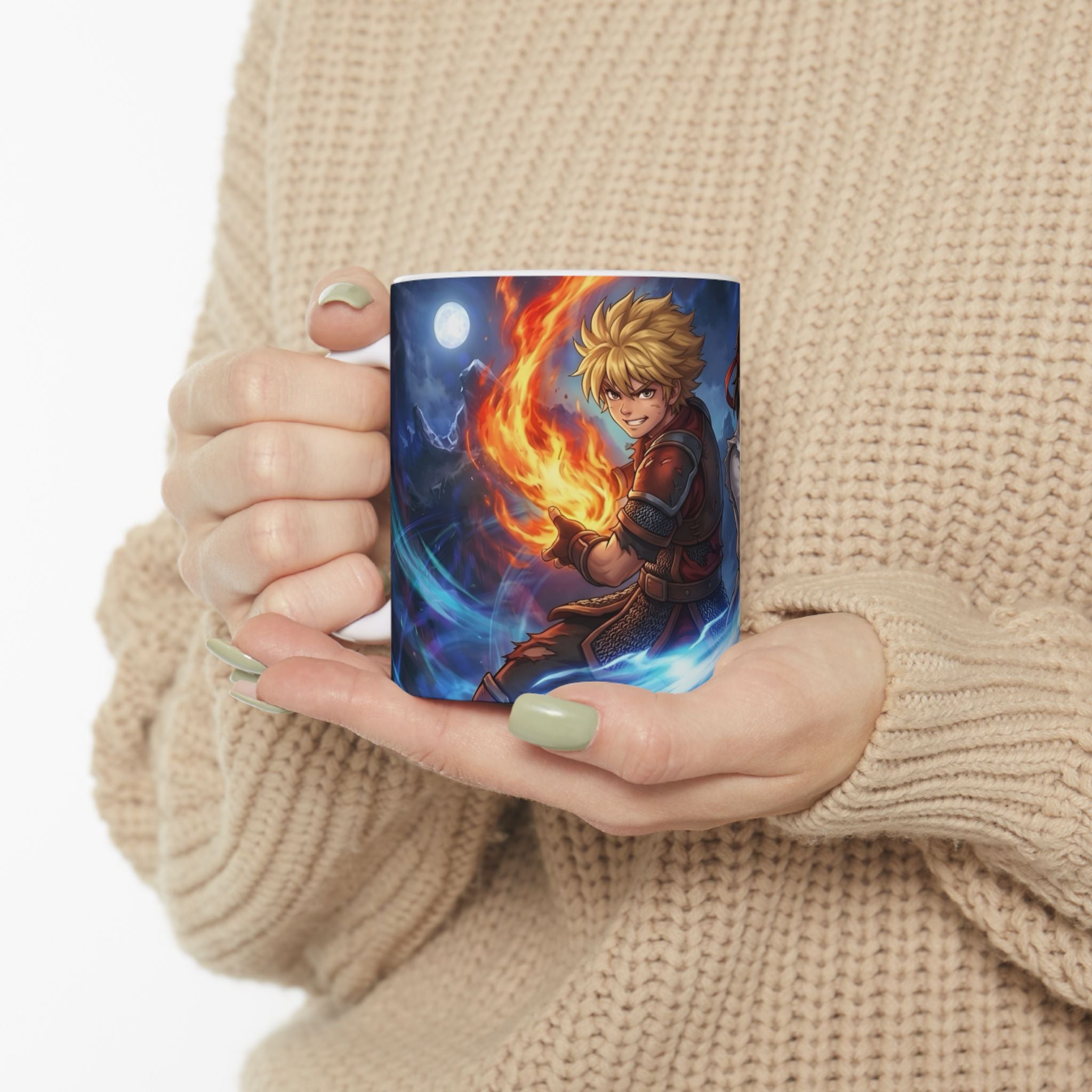 Anime Elemental Battle Duo #1 White Ceramic Mug — Fire And Lightning Gamers' Adventure(11oz, 15oz)