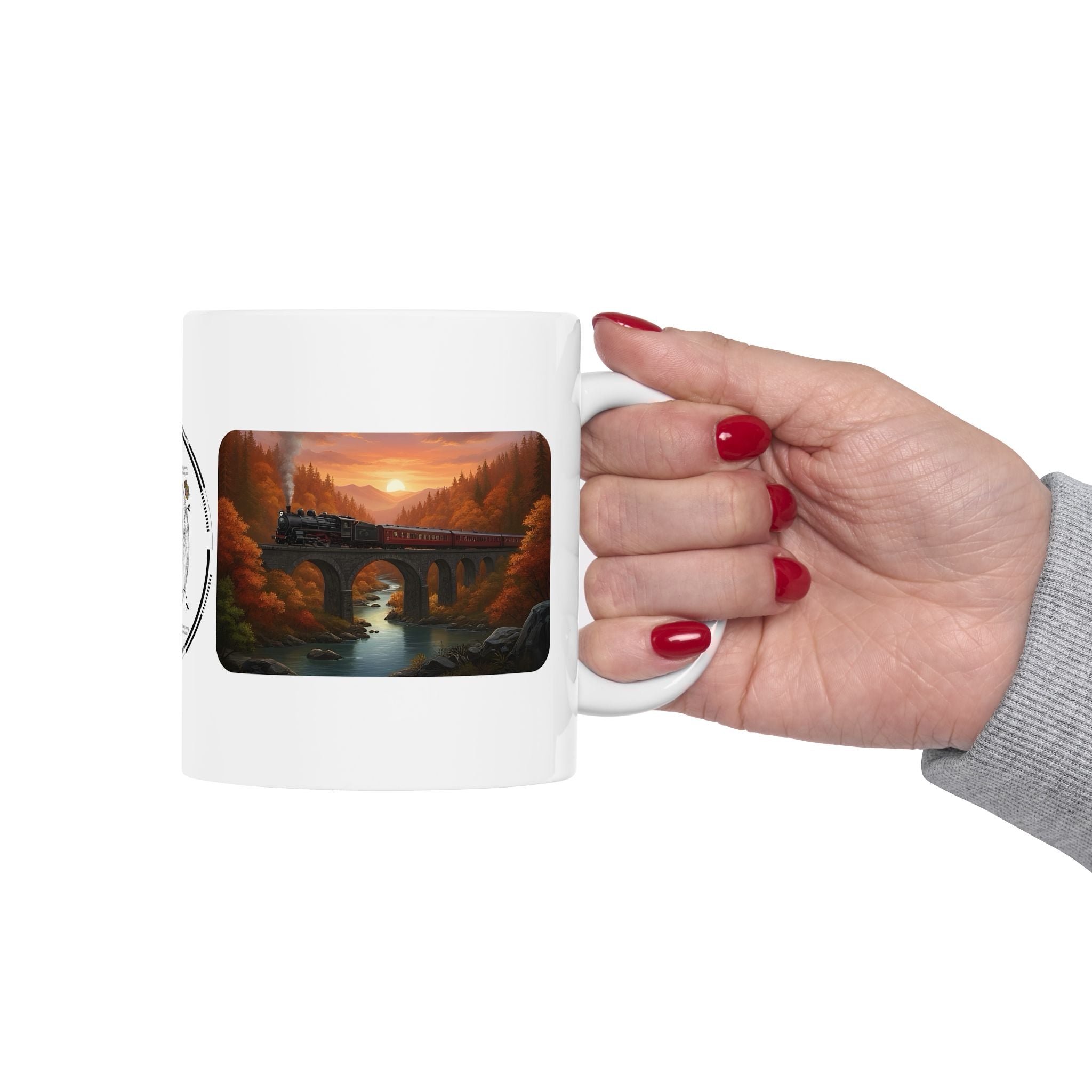 Desert Canyon Sunset Railway White Ceramic Mug — Vintage Steam Train Forest Viaduct Cup (11oz/15oz)