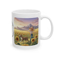 Pitbull Dog Orange Cat Sunset & Sunflower White Ceramic Mug — Peaceful Waves Anime Girl Boho Beach Vibes Cup (11oz, 15oz)