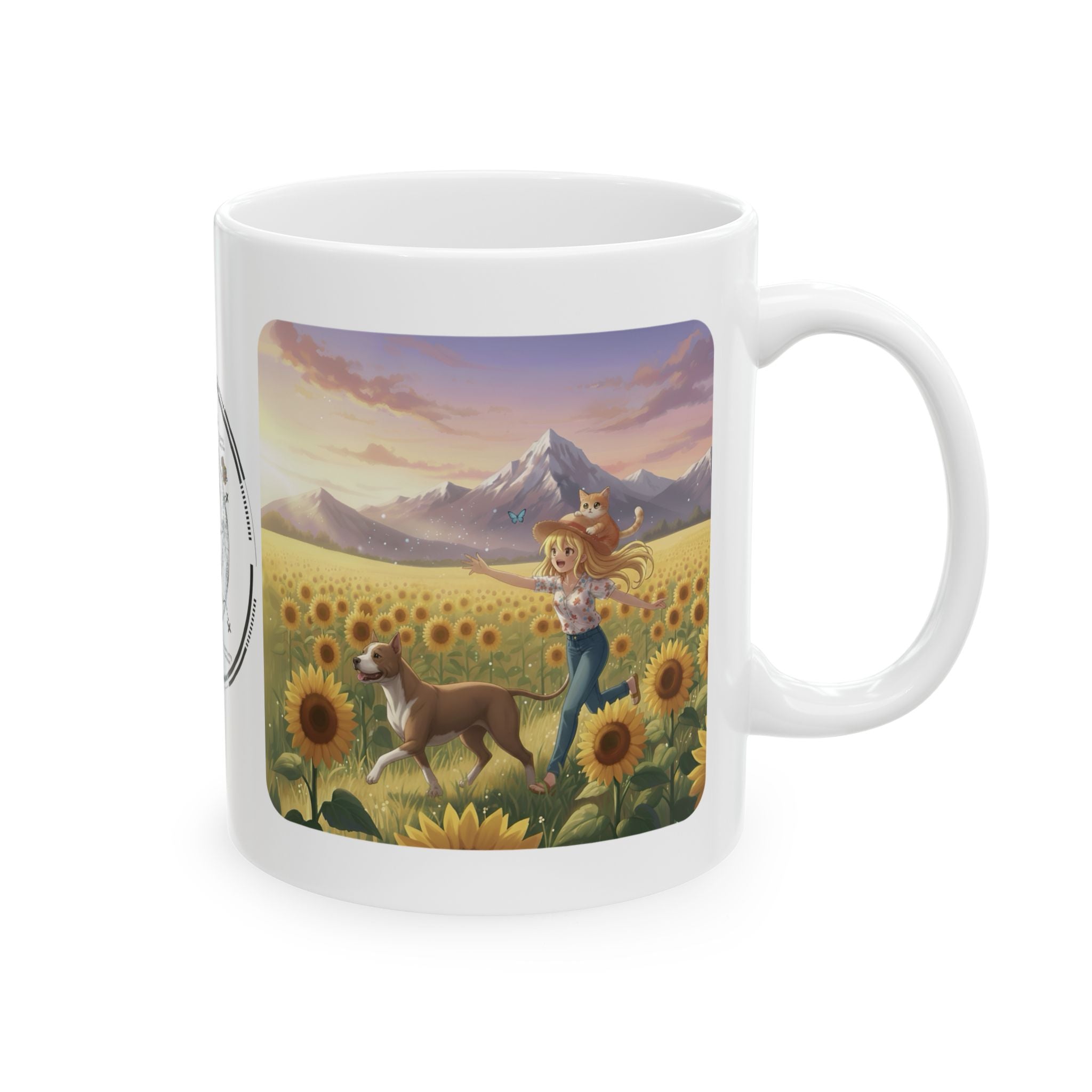 Pitbull Dog Orange Cat Sunset & Sunflower White Ceramic Mug — Peaceful Waves Anime Girl Boho Beach Vibes Cup (11oz, 15oz)