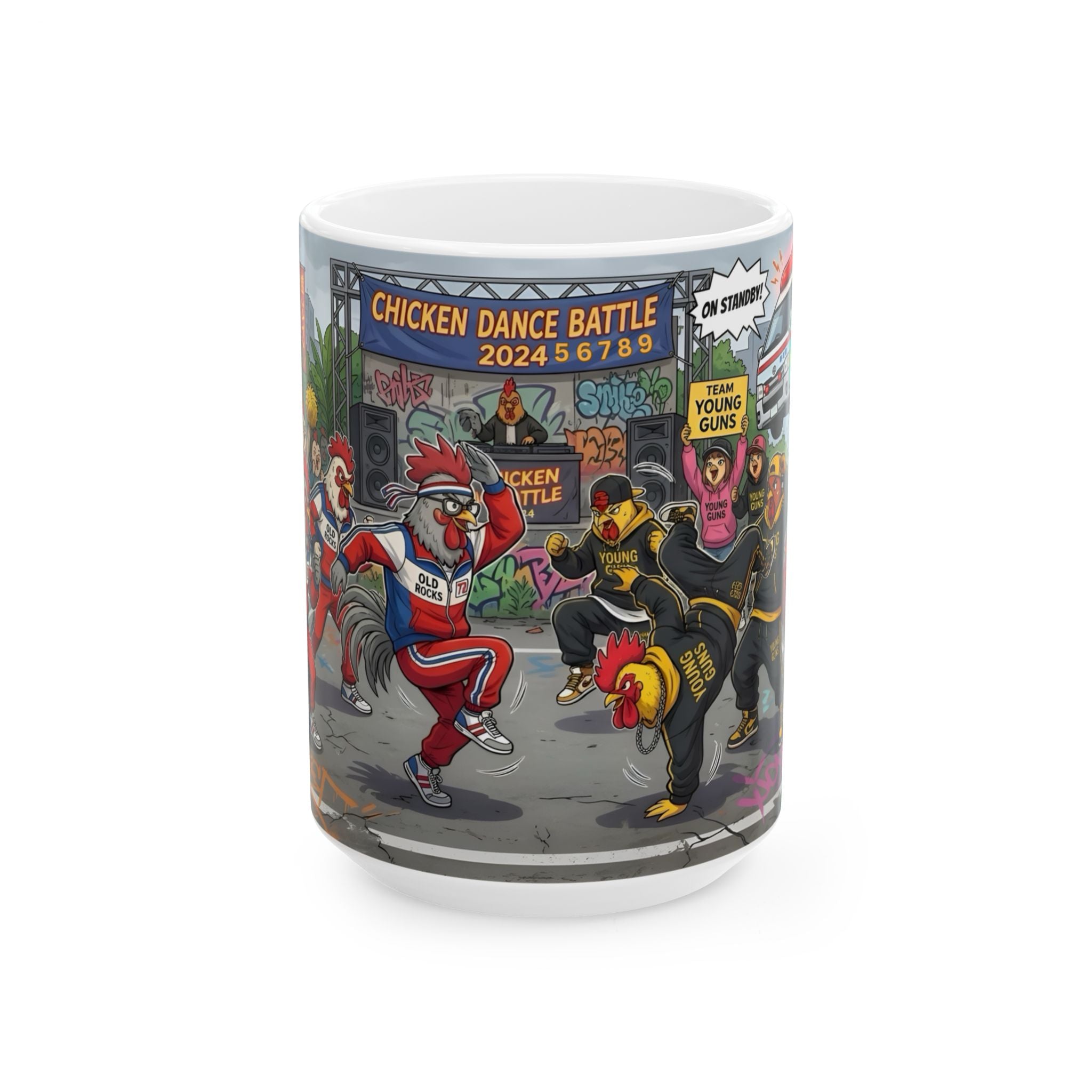Chicken Dance Battle White Ceramic Mug (11oz, 15oz) — Funny Rooster Street Dance Cup