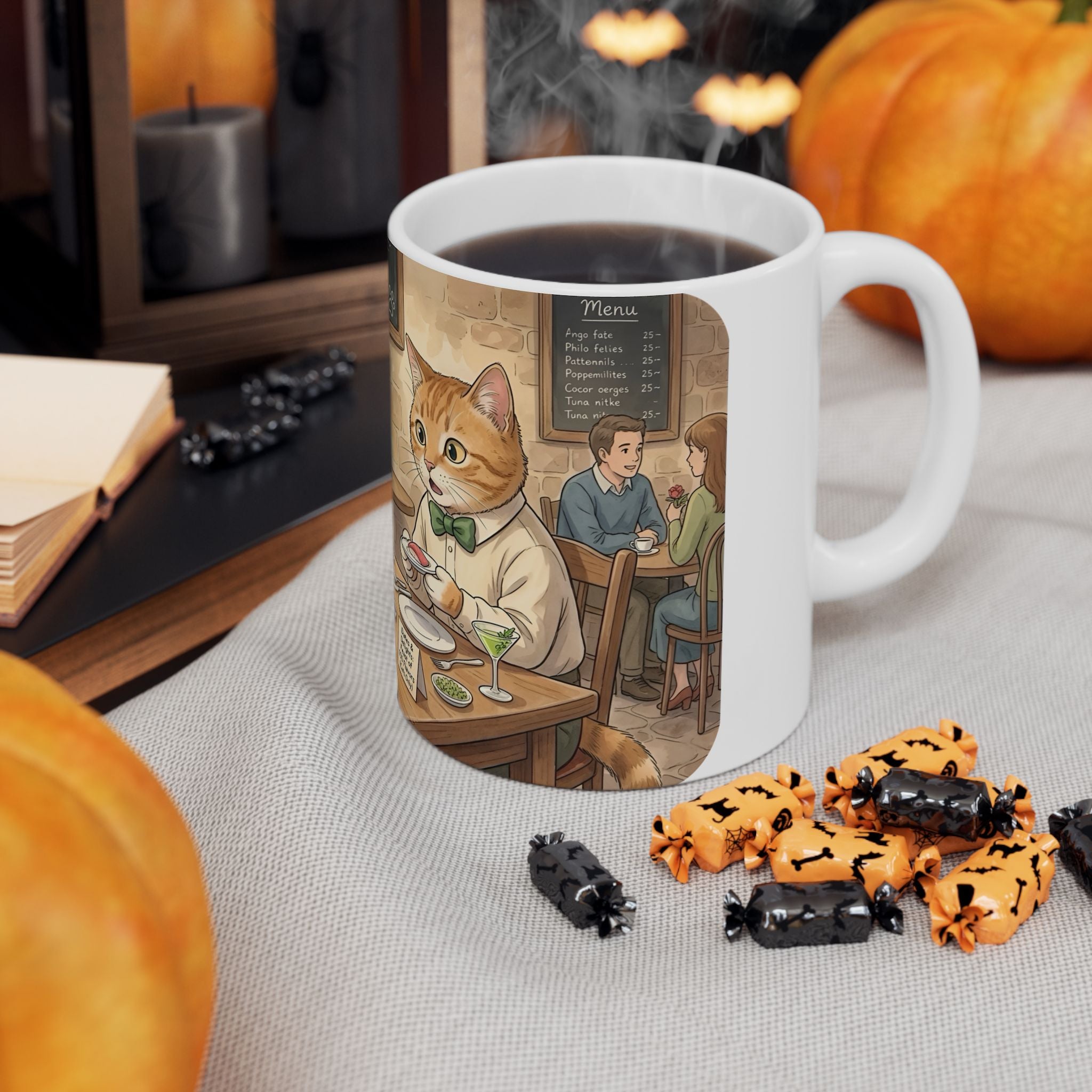 Cat Cafe Breakfast White Ceramic Mug — Cute Cats Dining Tea Cup (11oz/15oz)