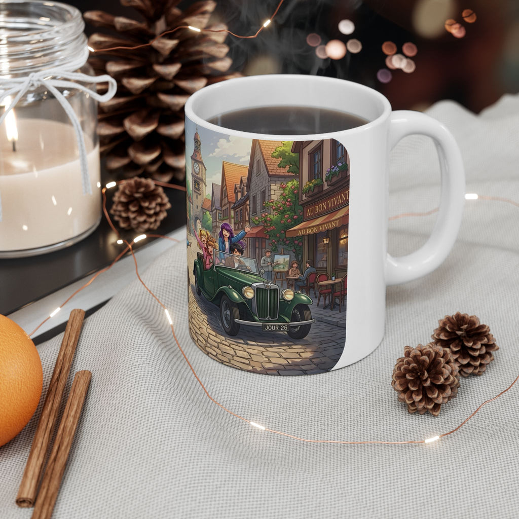 Vintage Village Roadtrip #1 White Ceramic Mug — Classic Cars & Happy Town Friends Cup (11oz, 15oz)