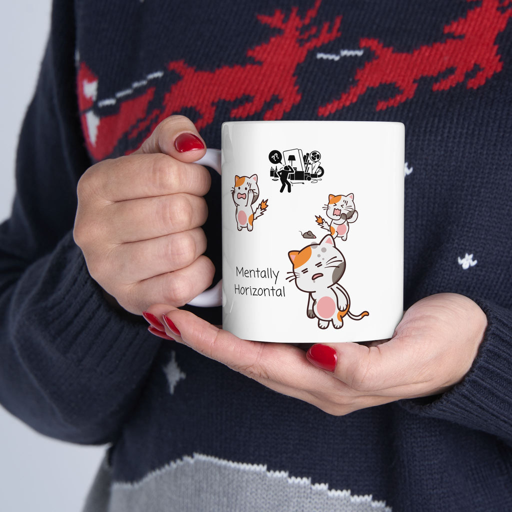 Funny "Mentally Horizontal" Cat Chaos White Ceramic Mug — Frantic Kitties in a Trashed Room (11oz & 15oz)