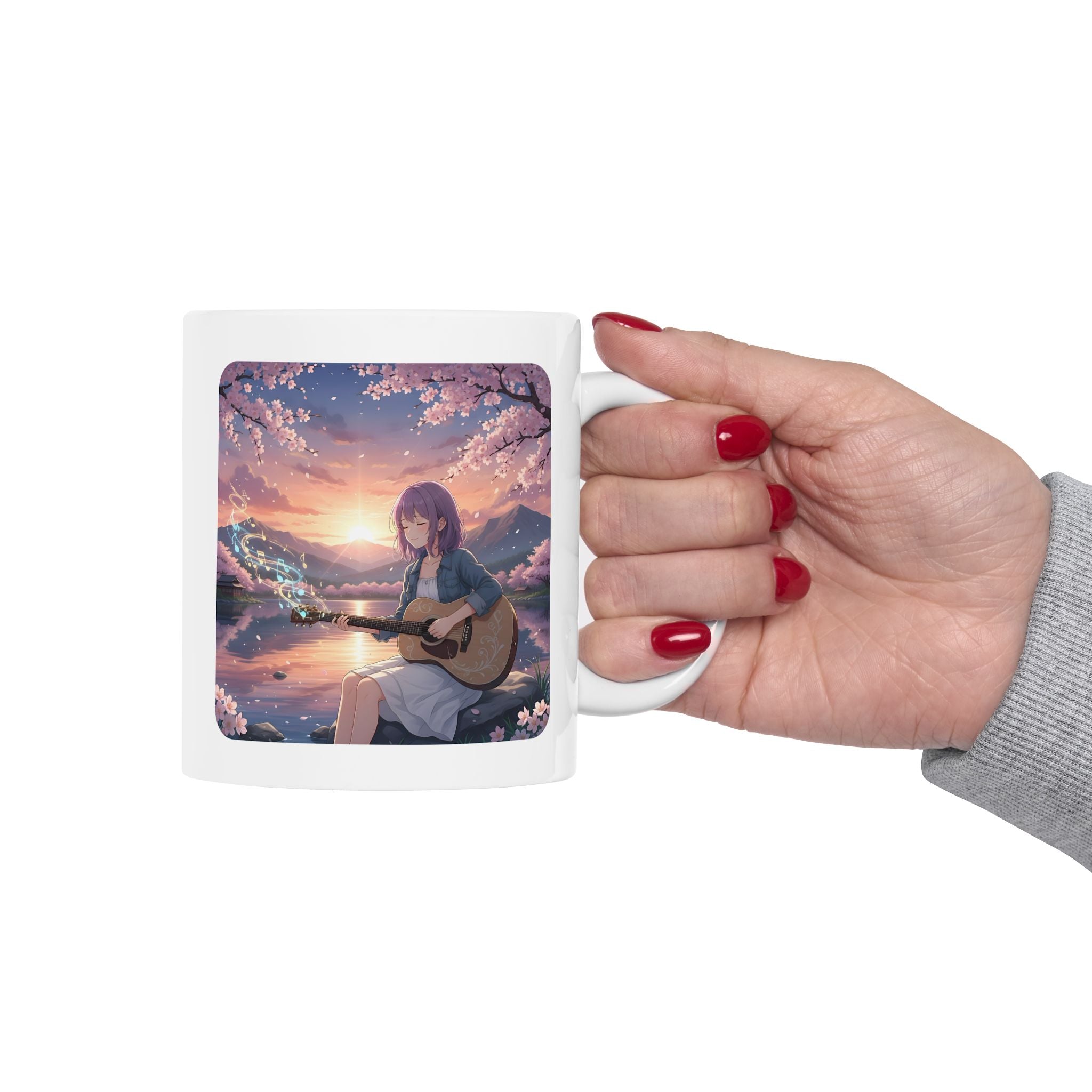 Cozy Sakura Guitarist Cherry Blossom White Ceramic Mug — Romantic Sunset Lake Melody Floral Tea Cup (11oz/15oz)