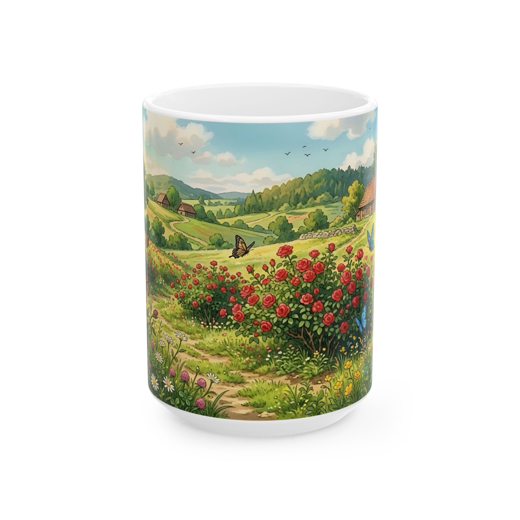 Scenic Countryside White Ceramic Mug — Floral Garden & Butterflies 11oz/15oz