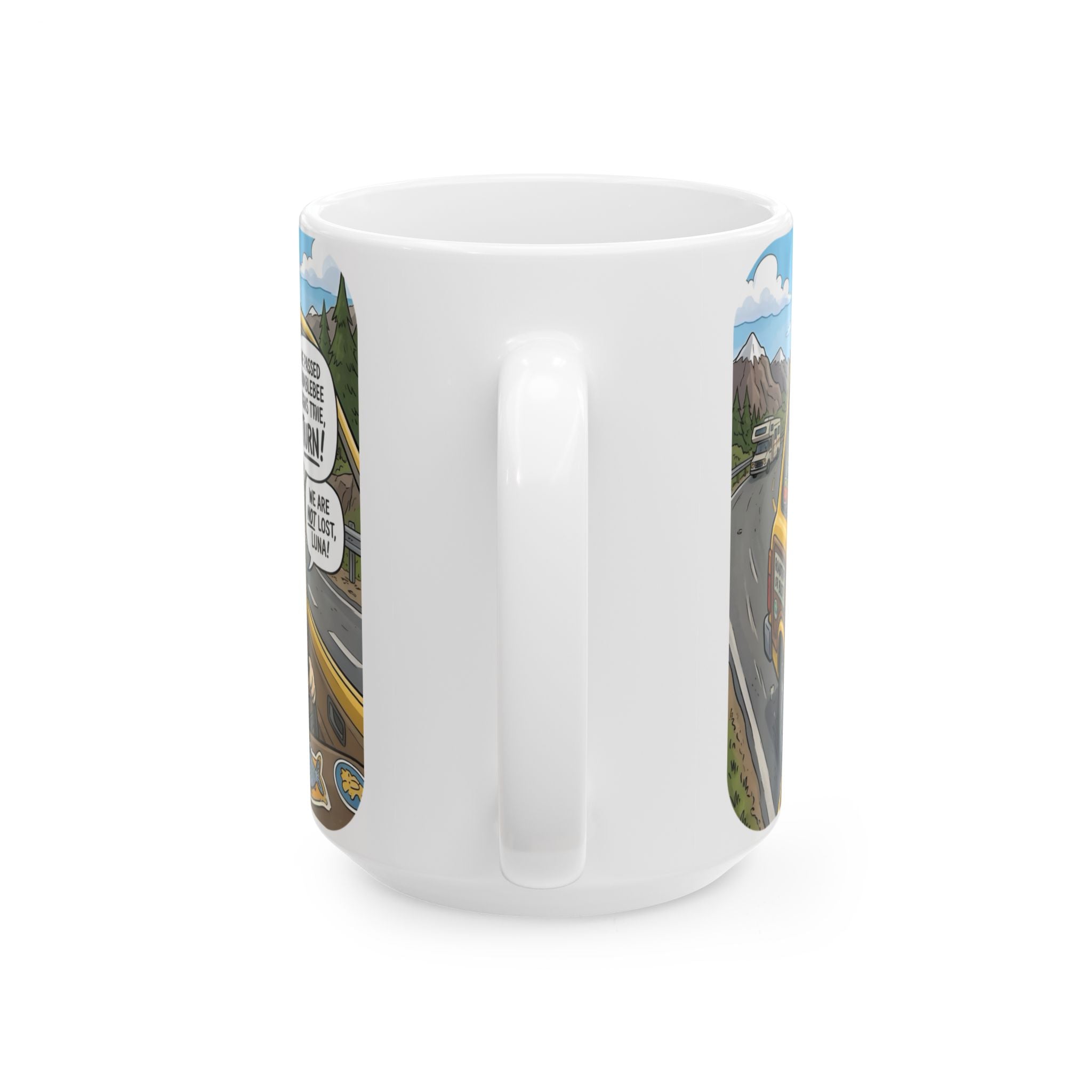 Funny Cat Road Trip White Ceramic Mug — Catnip Kitties Arguing Over Snacks Cup (11oz/15oz)