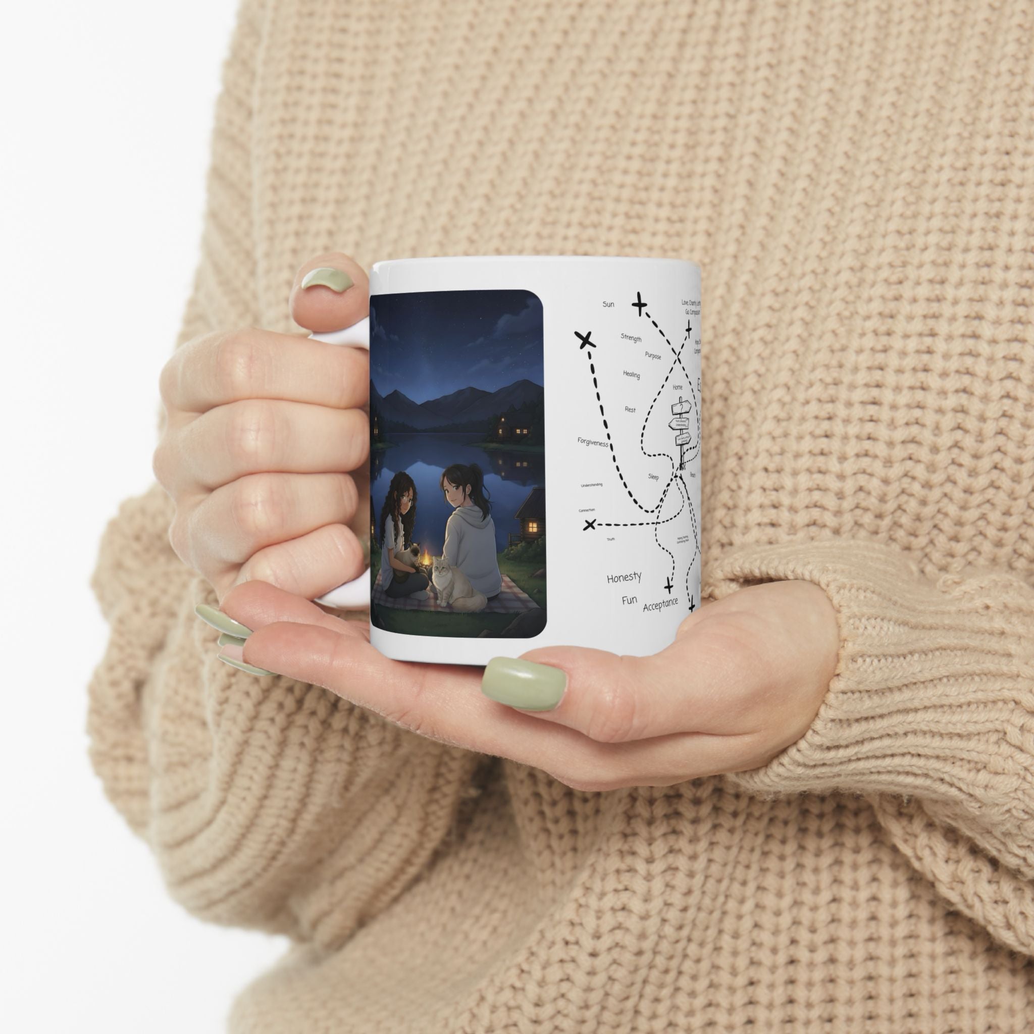 Kawaii Cat Lovers Transcending Time White Ceramic Mug — True Anime Best Friends in Japan Cup (11oz/15oz)