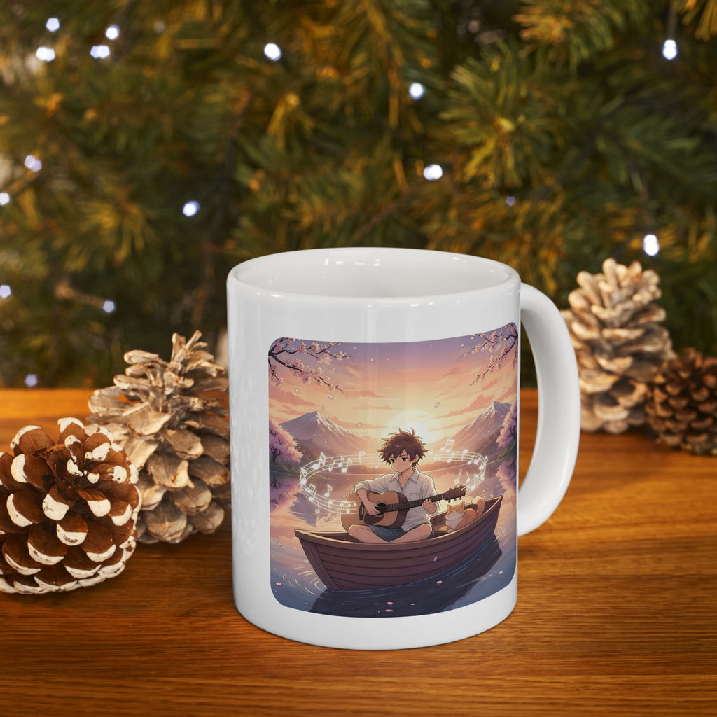 Young Guitarist & Ginger Cat Sunset Lake White Ceramic Mug — Tranquil Nature Musical Companions Cup (11oz, 15oz)