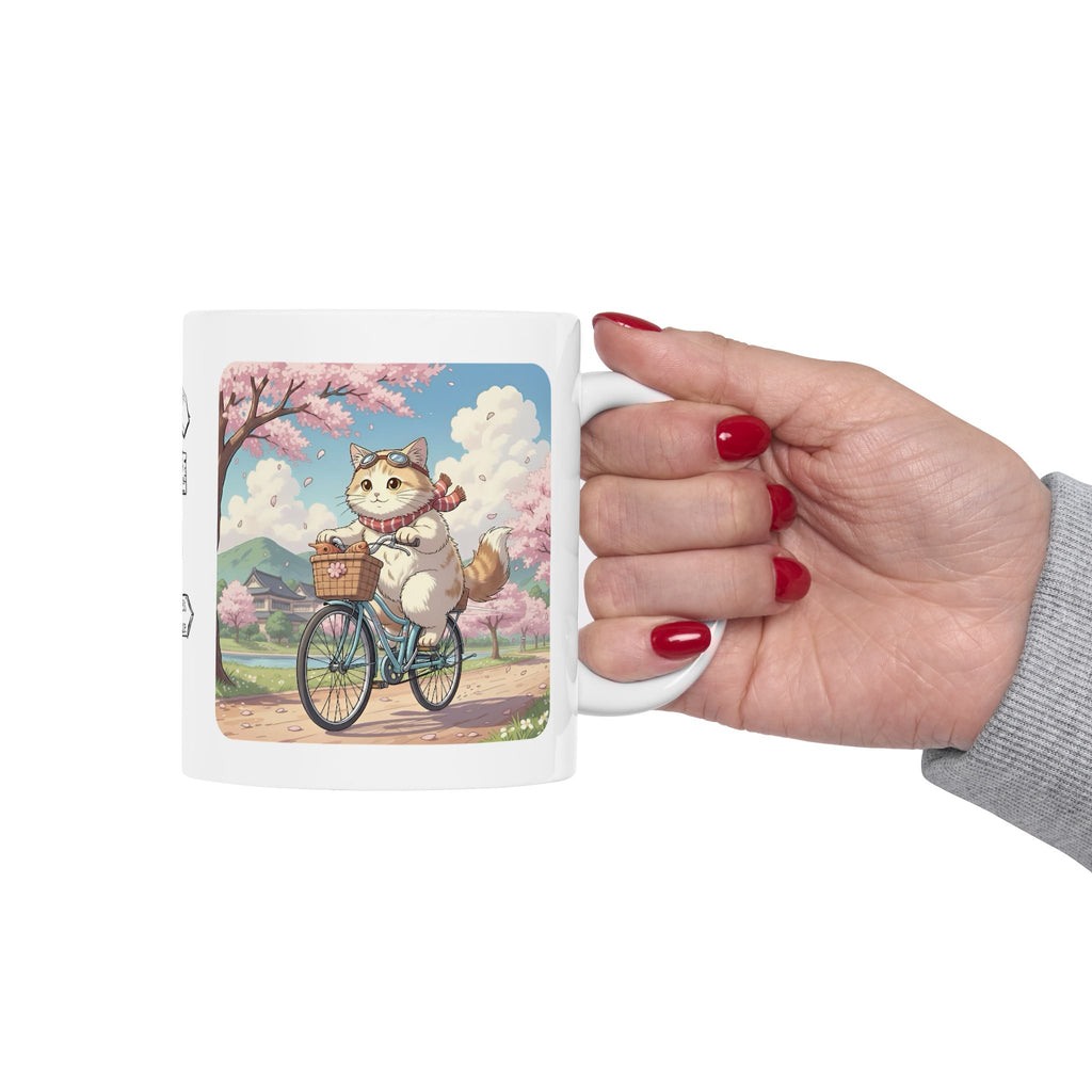 Cozy Kawaii Kitty Riding in Sakura Japan White Ceramic Mug — Whiskers on Wheels, Cherry Blossom Calm Cup, 11o z & 15oz