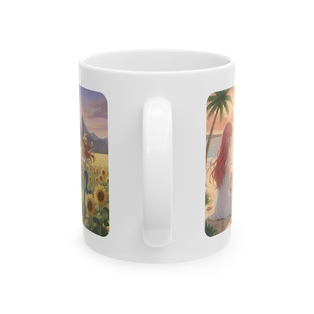 Dalmatian Dog Orange Cat Sunset & Sunflower White Ceramic Mug — Peaceful Waves Anime Girl Boho Beach Vibes Cup (11oz, 15oz)