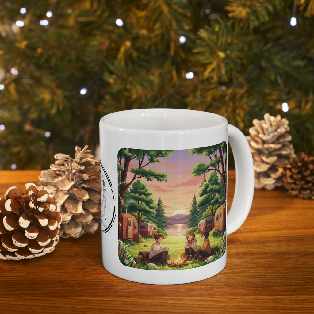 Cozy Hearth & Home White Ceramic Mug — Sunset Mountain View Vintage Camper Cup (11oz/15oz)
