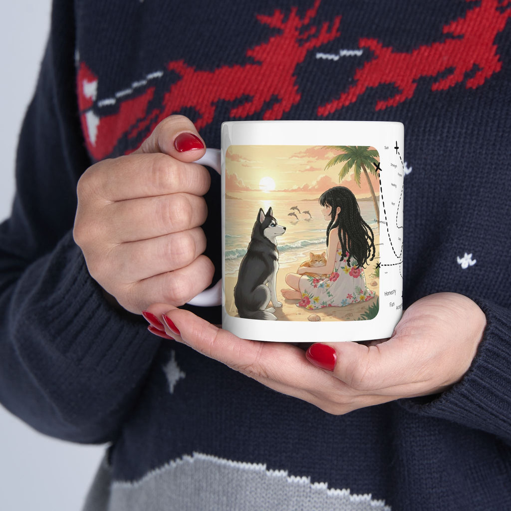 Cozy Peaceful Moments with Pets Sunset Beach White Ceramic Mug — Husky, Yorkie & Orange Cat Tropical Seascape Cup (11oz, 15oz)