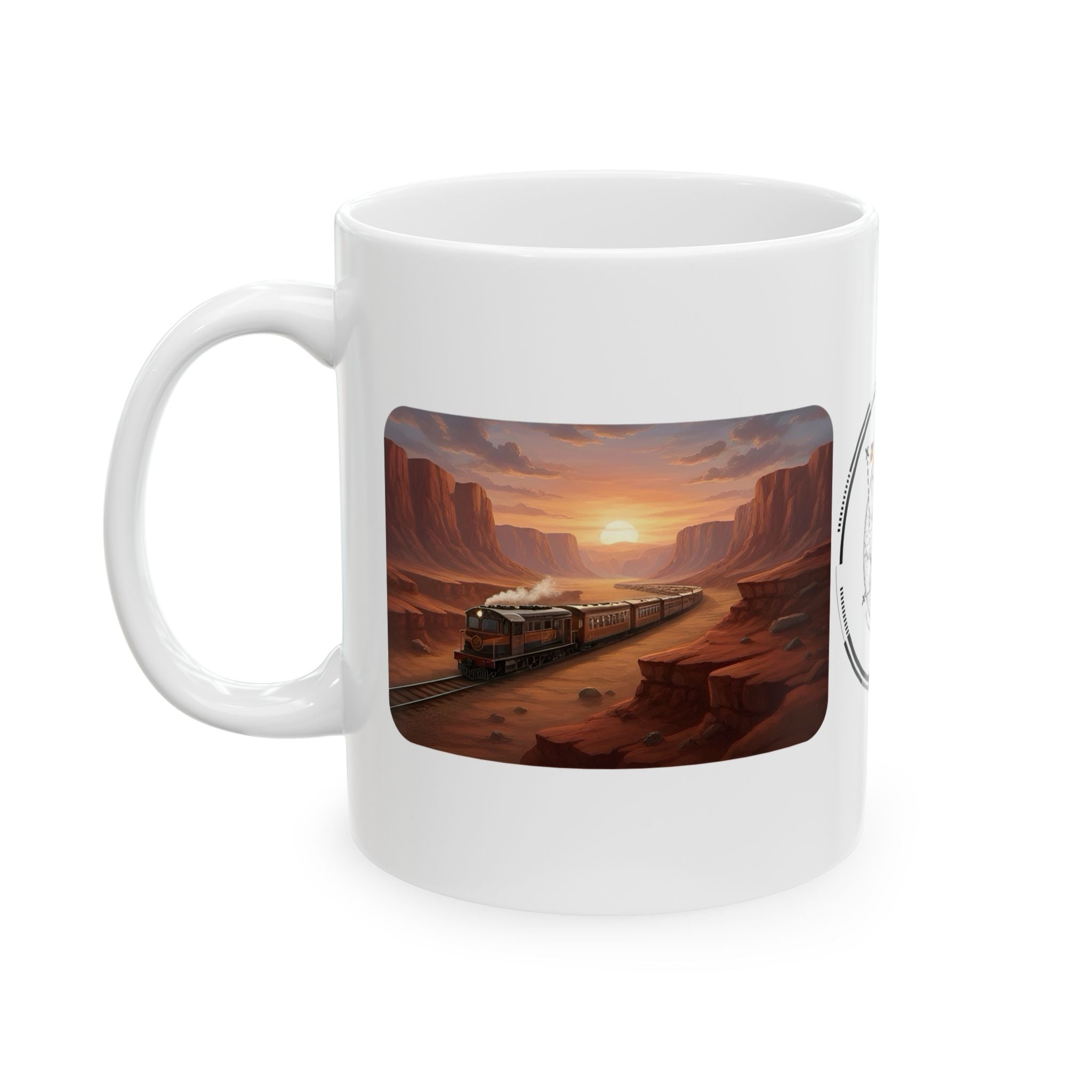Desert Canyon Sunset Railway White Ceramic Mug — Vintage Steam Train Forest Viaduct Cup (11oz/15oz)