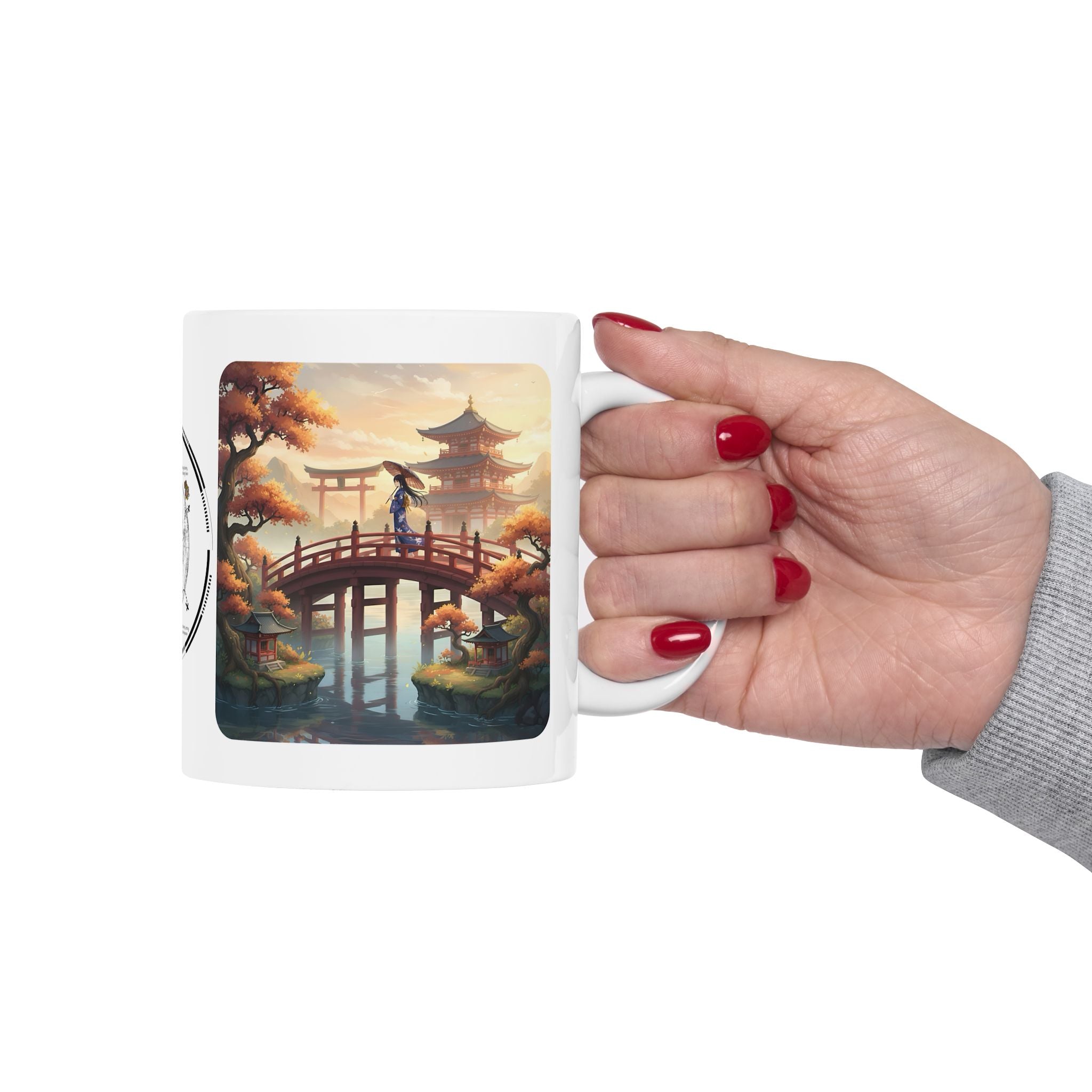 Japanese Samurai Cherry Blossom Love White Ceramic Mug (11oz/15oz),The Serene Path Mount Fuji Sunset Cup