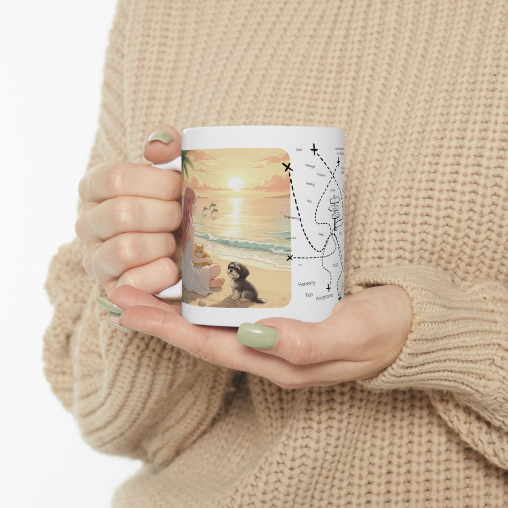 Havanese Shih Tzu & Orange Cat Tropical Seascape White Ceramic Mug, Cozy Owner and Pet Mom on Beach Cup (11oz, 15oz)