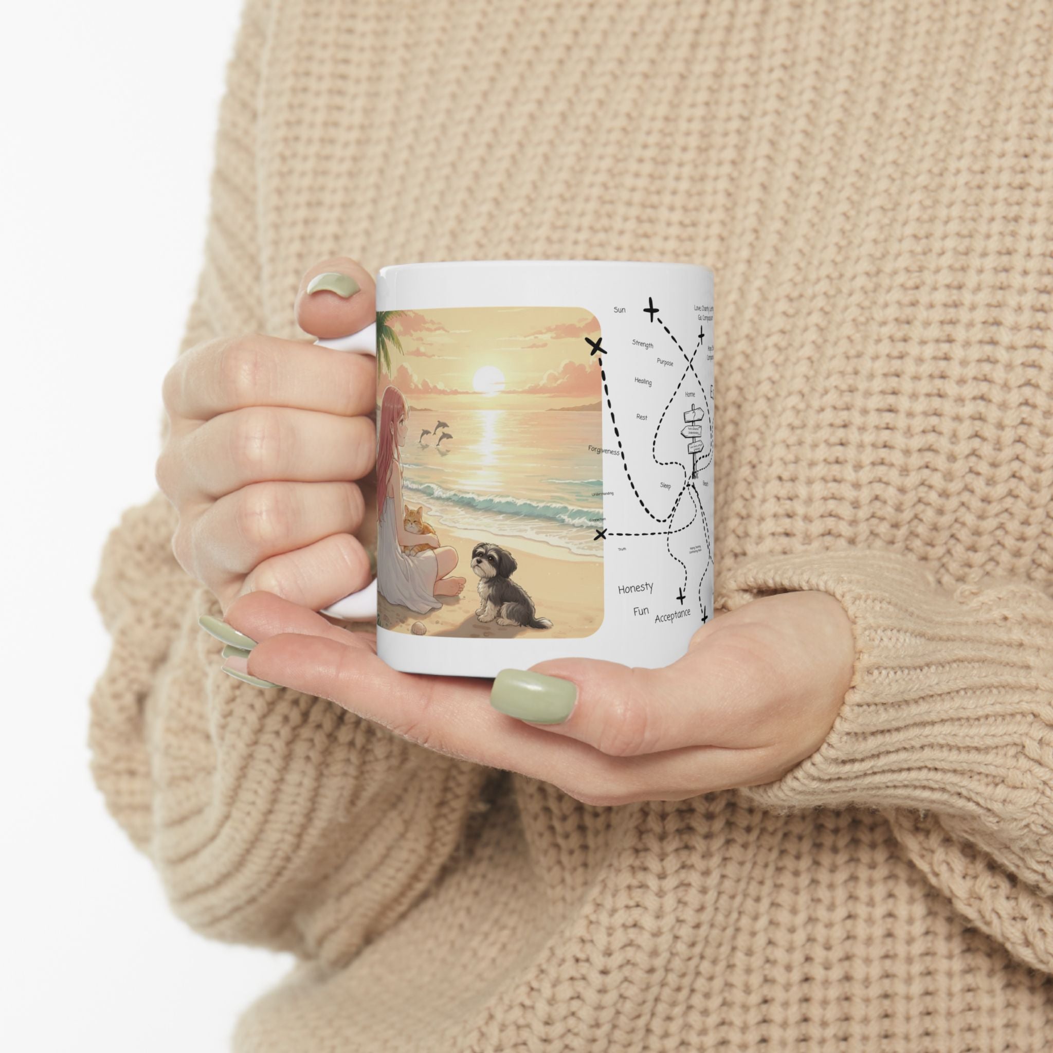 Havanese Shih Tzu & Orange Cat Tropical Seascape White Ceramic Mug, Cozy Owner and Pet Mom on Beach Cup (11oz, 15oz)