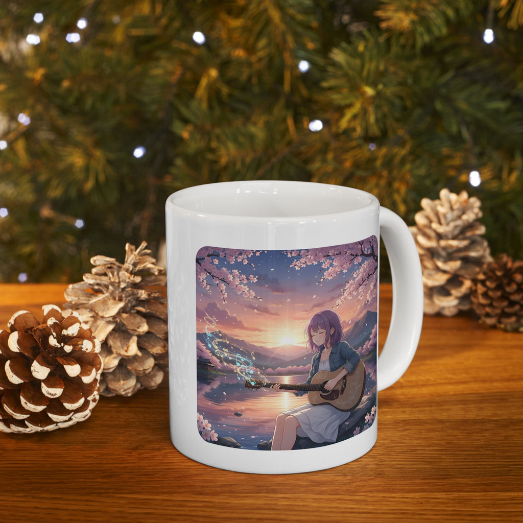 Cozy Sakura Guitarist Cherry Blossom White Ceramic Mug — Romantic Sunset Lake Melody Floral Tea Cup (11oz/15oz)