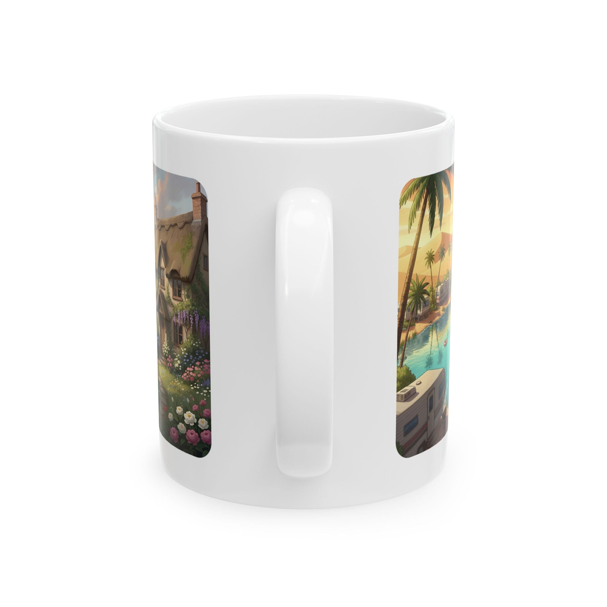 Dreamy Storybook Floral Cottage White Ceramic Mug — Vintage World Map, RV Camping Oasis, & Van Life Panorama Cup (11oz/15oz)