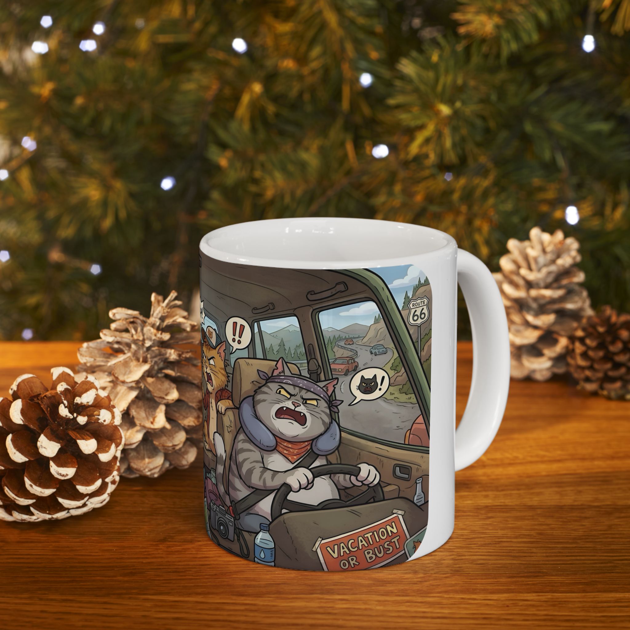 Angry Cats On A Road Trip White Ceramic Mug — Funny Kitty Crew Travel Cup (11oz, 15oz)