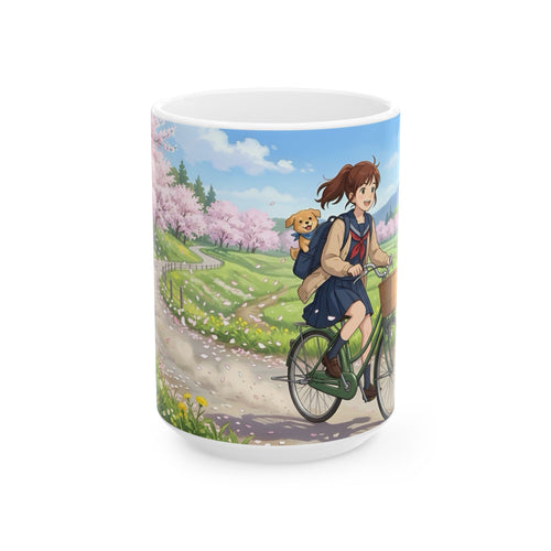 A Quiet Moment of Escape White Ceramic Mug — Sunlit Spring Sakura Cycling Cup (11oz, 15oz)