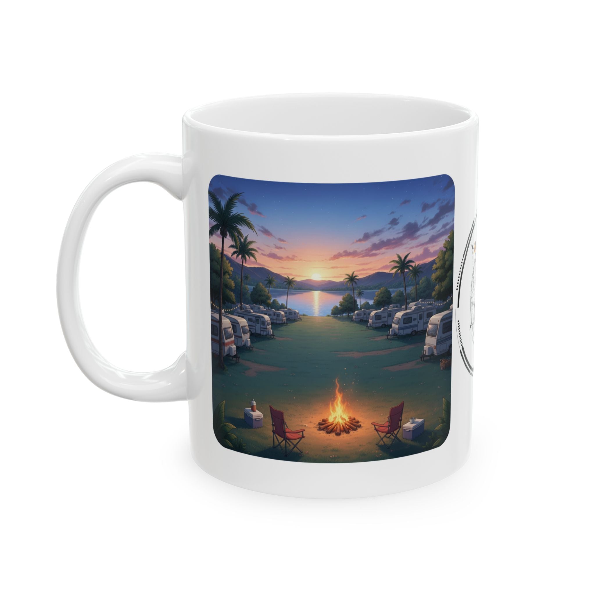 Cozy Sunset Lake Travel Adventure White Ceramic Mug — Vintage Map Compass & Tropical RV Roadtrip Cup (11oz/15oz)
