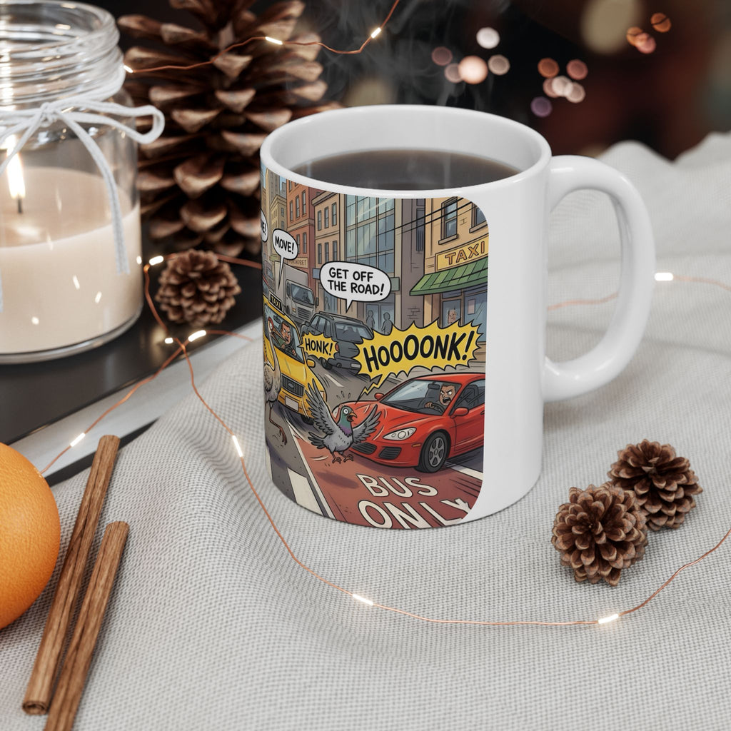 Gator, Crane, and Pidgeon Crossing White Ceramic Mug — Alligator & Bird Traffic Jam Cup (11 oz, 15 oz)
