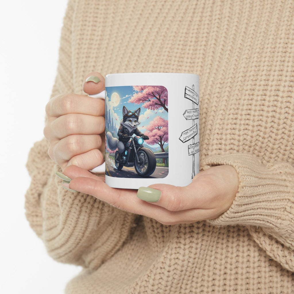 Kawaii Gray Fox Biker Wild & Free White Ceramic Mug — Sip & Ride Fox Moto Joy Cup, 11oz & 15oz