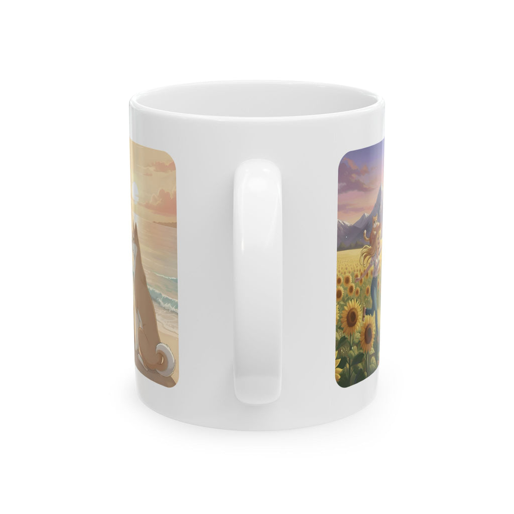 Shiba Inu Dog Orange Cat Sunset & Sunflower White Ceramic Mug — Peaceful Waves Anime Girl Boho Beach Vibes Cup (11oz, 15oz)