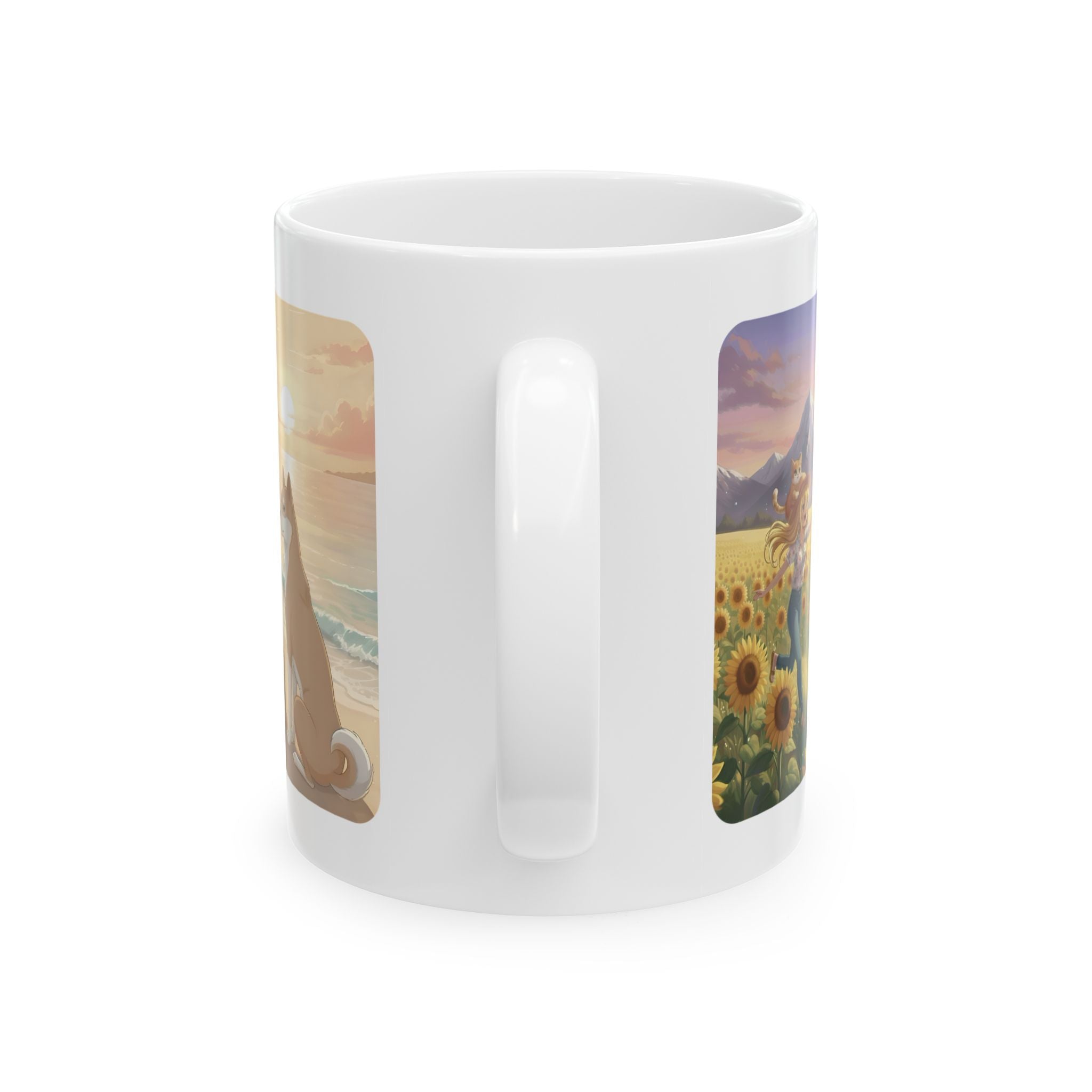 Shiba Inu Dog Orange Cat Sunset & Sunflower White Ceramic Mug — Peaceful Waves Anime Girl Boho Beach Vibes Cup (11oz, 15oz)