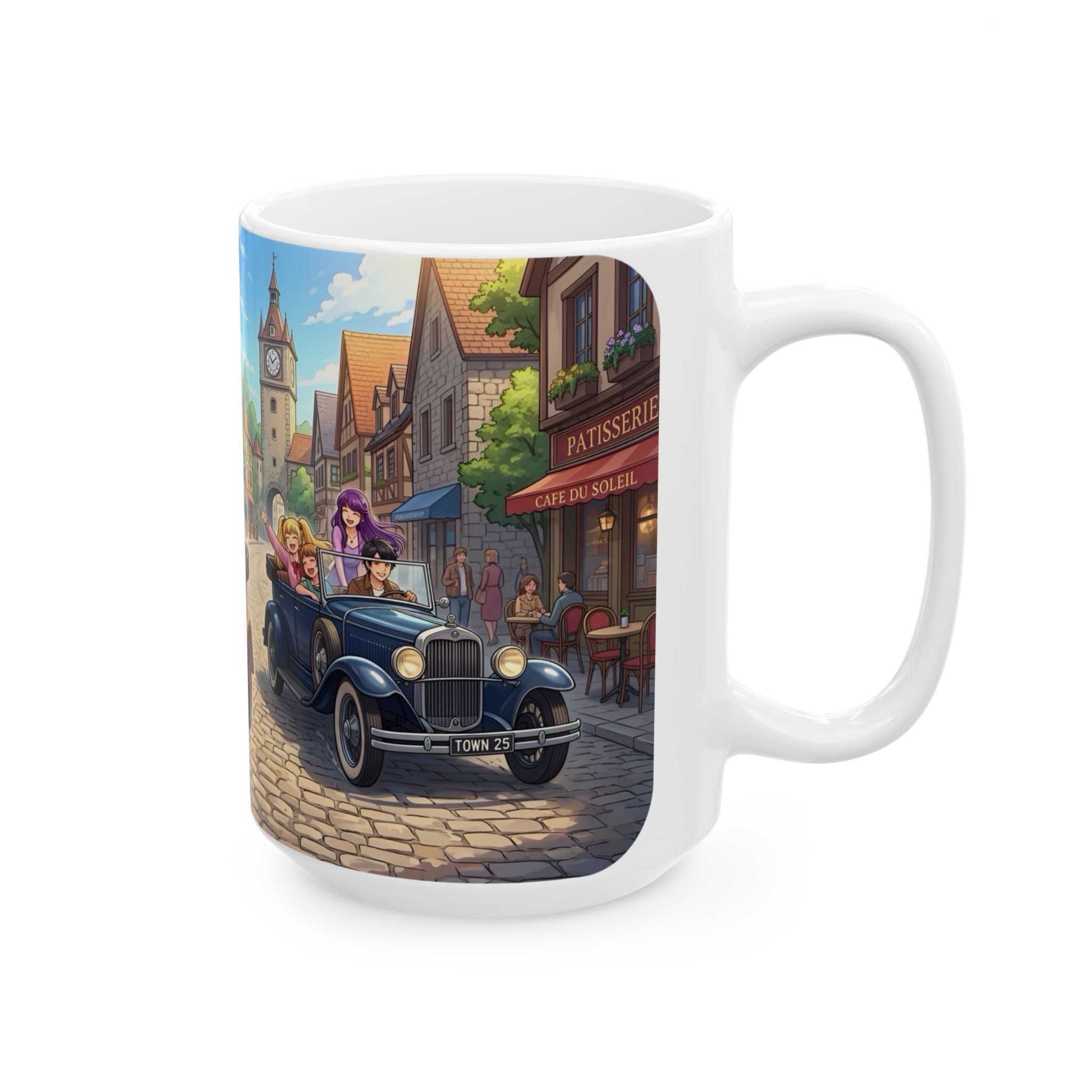 Vintage Village Roadtrip #2 White Ceramic Mug — Classic Cars & Happy Town Friends Cup (11oz, 15oz)