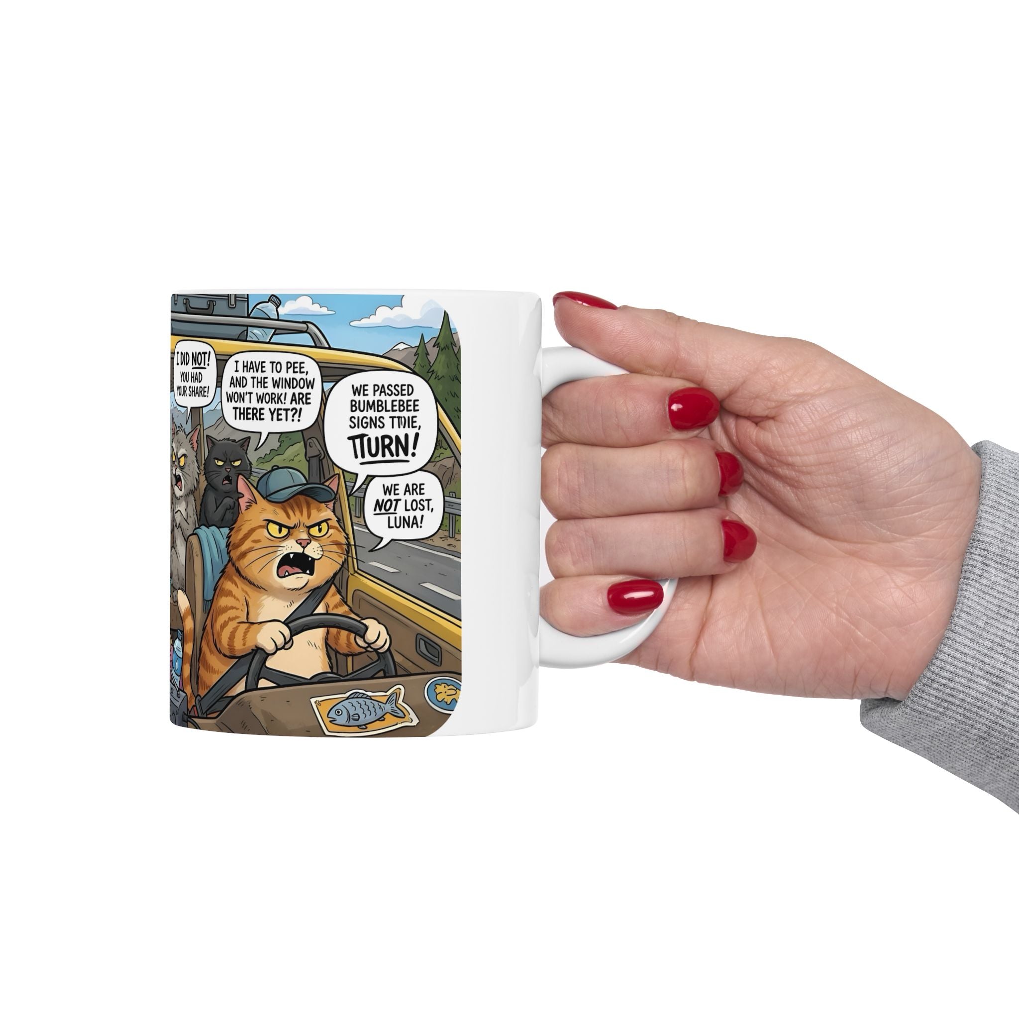 Funny Cat Road Trip White Ceramic Mug — Catnip Kitties Arguing Over Snacks Cup (11oz/15oz)