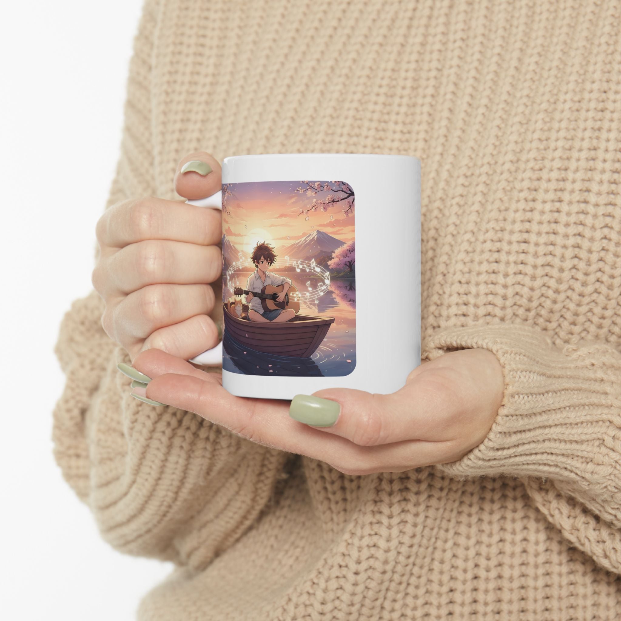 Young Guitarist & Ginger Cat Sunset Lake White Ceramic Mug — Tranquil Nature Musical Companions Cup (11oz, 15oz)