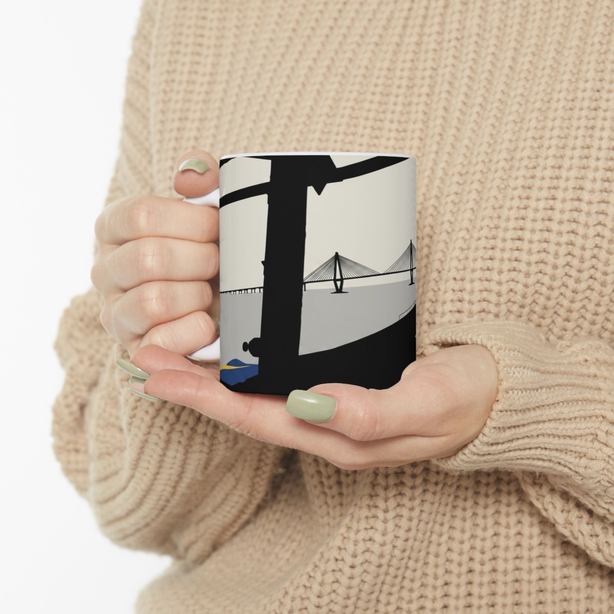 City Bridge Silhouette Scenic White Ceramic Mug – Waterfront Battleship View Cup (11 oz, 15 oz)