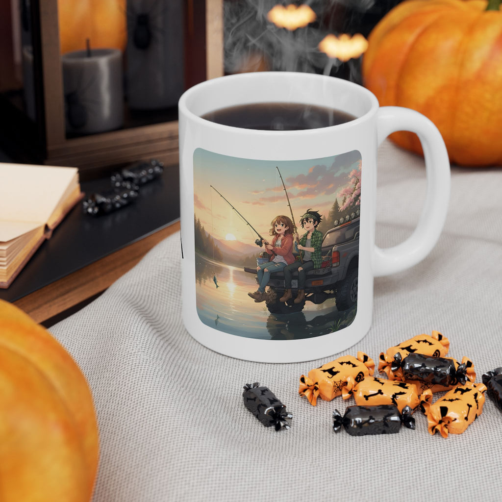 Romantic Sunset Lake Fishing Couple White Ceramic Mug — Sunrise Lake, Truck & Rod Anime Camping Adventure 11oz/15oz