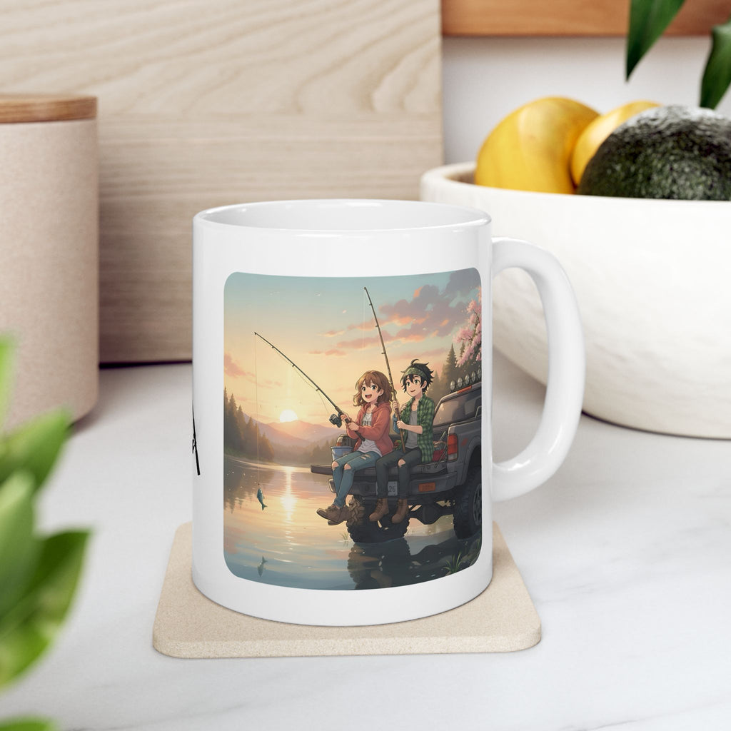 Romantic Sunset Lake Fishing Couple White Ceramic Mug — Sunrise Lake, Truck & Rod Anime Camping Adventure 11oz/15oz