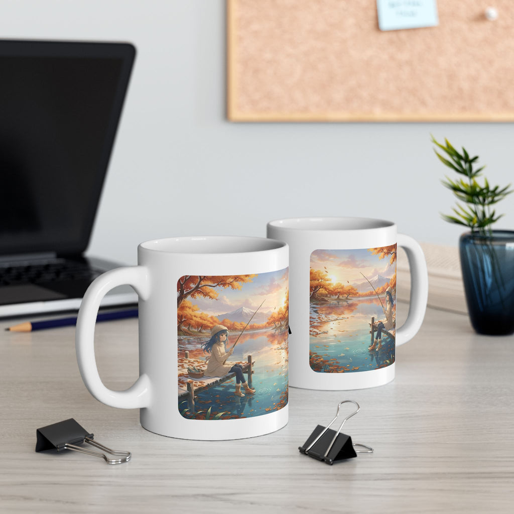 Cozy Anime Girl Joyful Fishing Lake Adventure White Ceramic Mug — Scenic Autumn Aesthetic Mountain Landscape Tea Cup (11oz/15oz)