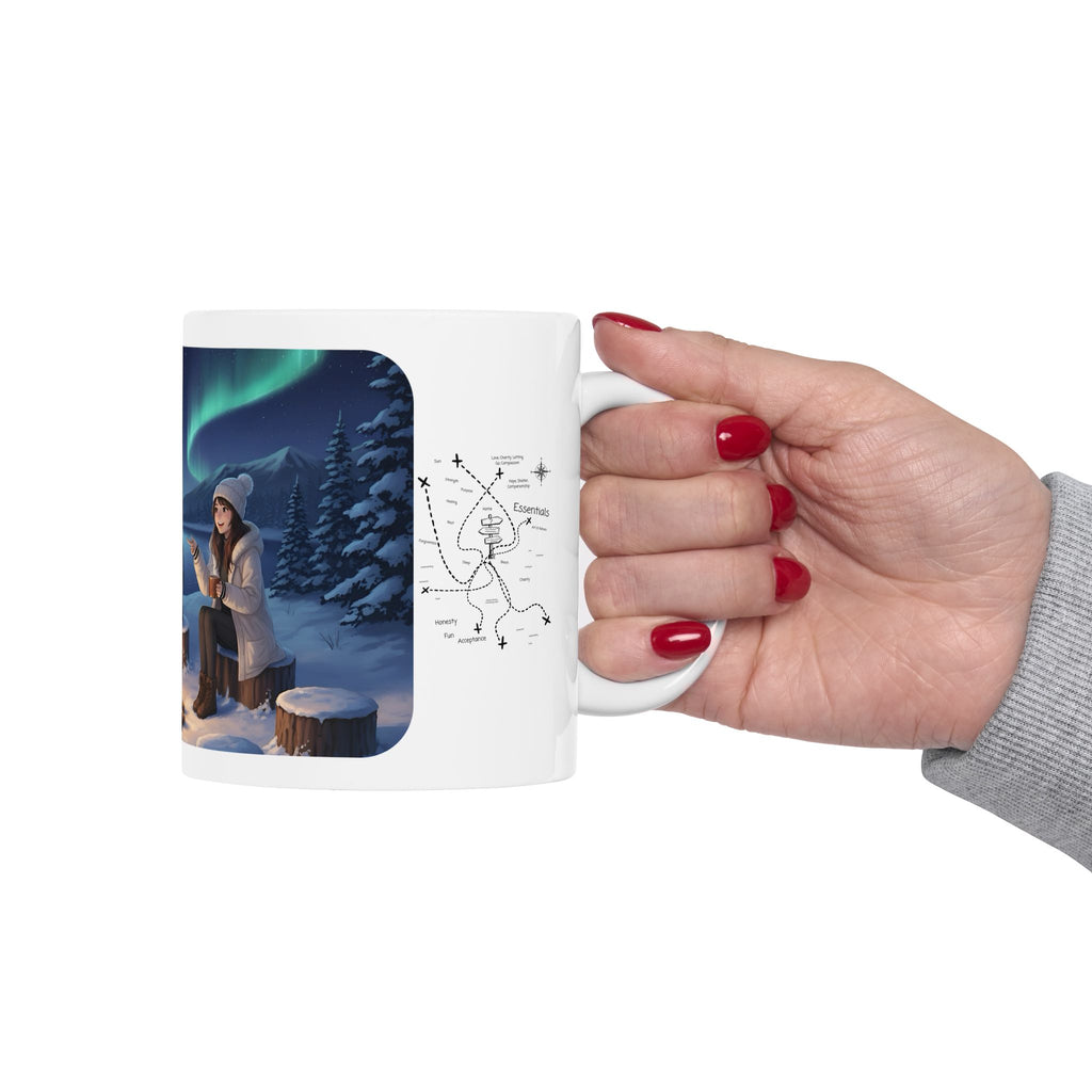 Cozy Aurora Borealis Friends Under The Northern Lights White Ceramic Mug — Starry Wintry Night Sky & World Map To Explore Cup (11oz, 15oz)