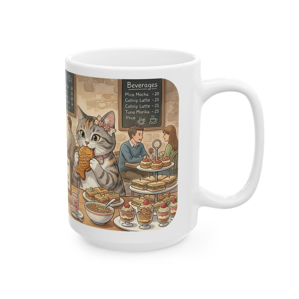 Cat-Astrophe Café White Ceramic Mug — Cute Cat Bakery Date Cup (11oz & 15oz)
