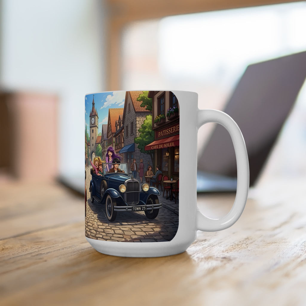 Vintage Village Roadtrip #2 White Ceramic Mug — Classic Cars & Happy Town Friends Cup (11oz, 15oz)