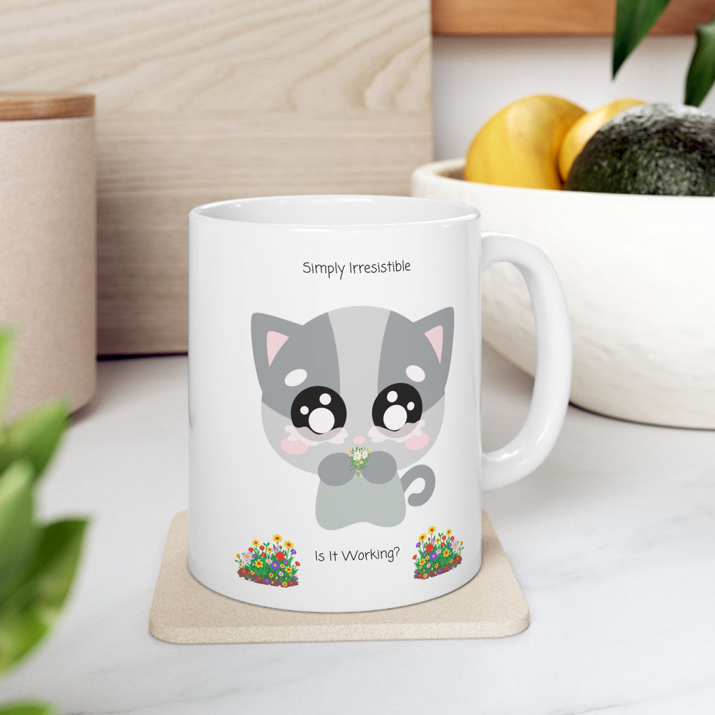 Cozy Simply Irresistible Cat White Ceramic Mug — Floral Kitten Lover Tea Cup (11oz, 15oz)