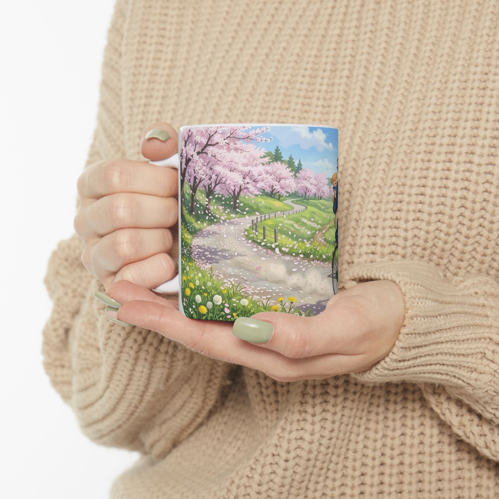 A Quiet Moment of Escape White Ceramic Mug — Sunlit Spring Sakura Cycling Cup (11oz, 15oz)