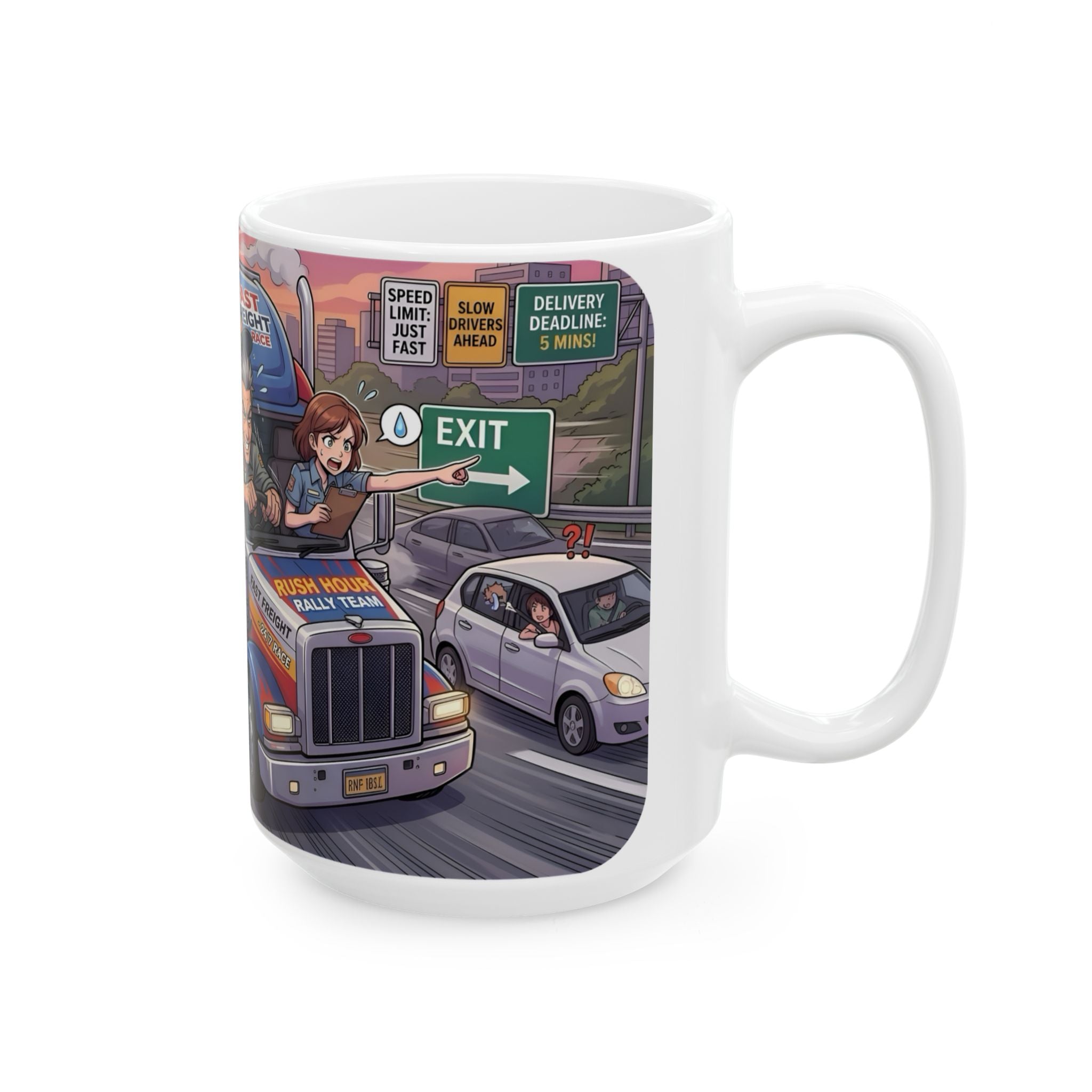 Trucker Life White Ceramic Mug – 'Fast Freight' Big Rig Tea Cup (11oz/15oz)
